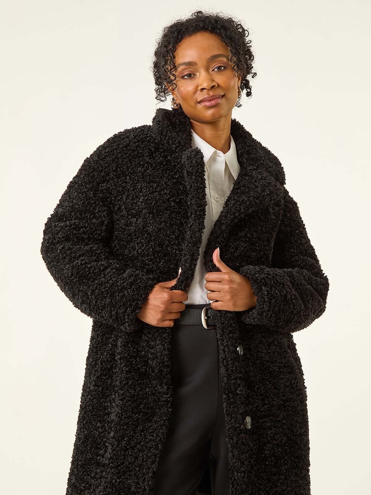 Roman Black Petite Teddy Longline Coat - Image 2 of 5 Roman Black Petite Teddy Longline Coat - Image 2 of 5