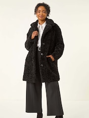 Roman Black Petite Teddy Longline Coat - Image 4 of 5
