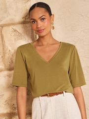 Love & Roses Olive Green V-Neck Premium Jersey T-Shirt - Image 1 of 4