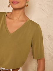 Love & Roses Olive Green V-Neck Premium Jersey T-Shirt - Image 2 of 4