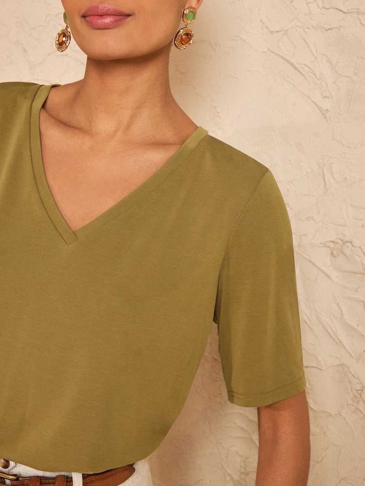 Love & Roses Olive Green V-Neck Premium Jersey T-Shirt - Image 2 of 4