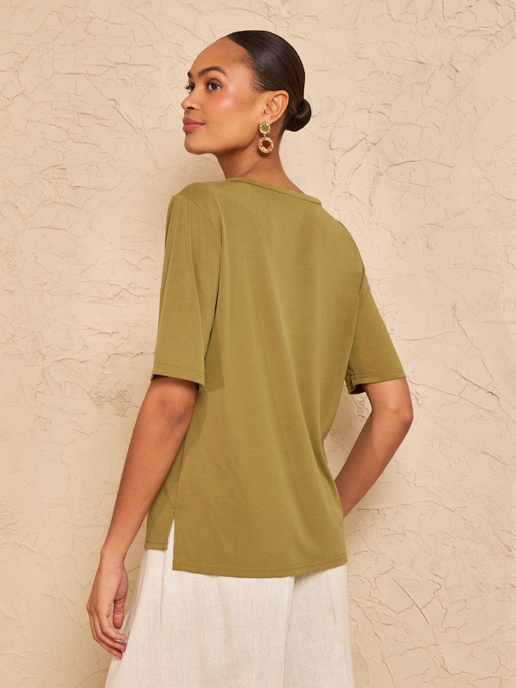 Love & Roses Olive Green V-Neck Premium Jersey T-Shirt - Image 4 of 4