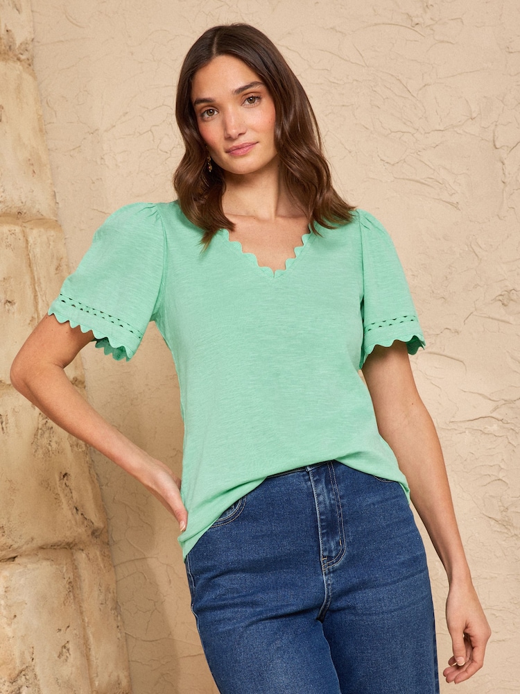 Love & Roses Aqua Blue Scallop V-Neck T-Shirt - Image 1 of 4