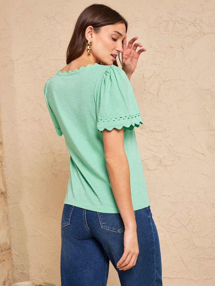 Love & Roses Aqua Blue Scallop V-Neck T-Shirt - Image 4 of 4