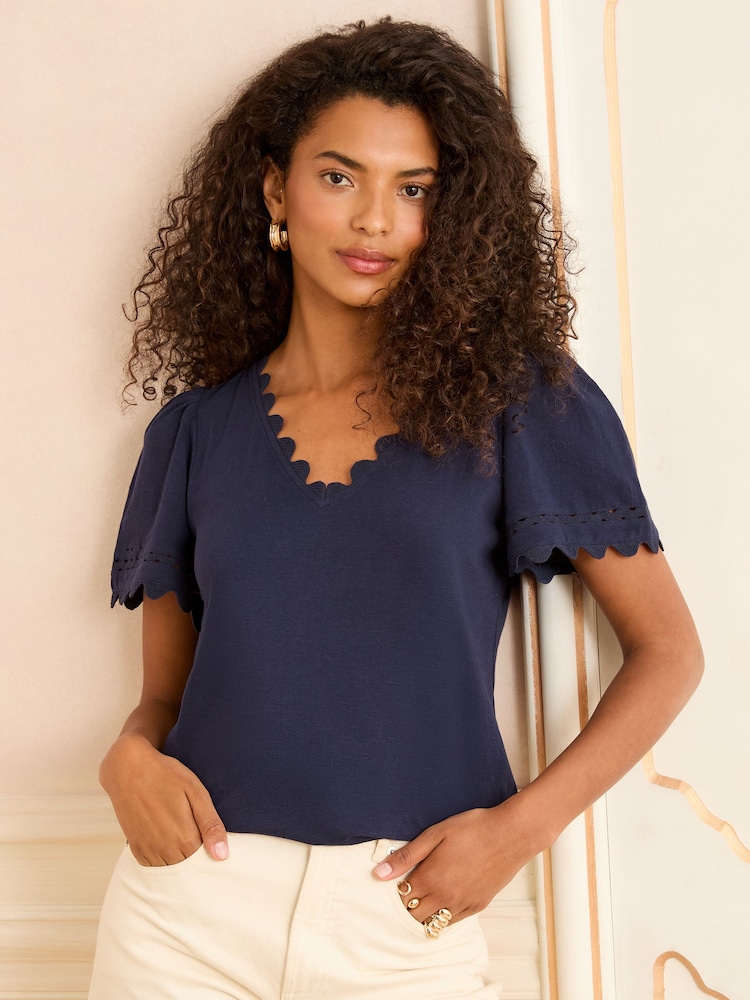 Love & Roses Navy Scallop V-Neck T-Shirt - Image 1 of 4