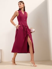 Friends Like These Burgundy Red Dropped Waist Utility Tailored Midaxi Dress - Image 1 of 4