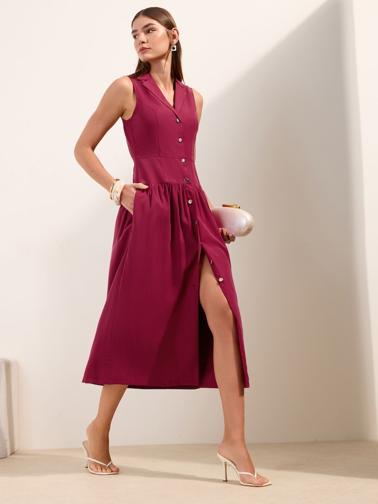 Friends Like These Burgundy Red Dropped Waist Utility Tailored Midaxi Dress - Image 1 of 4