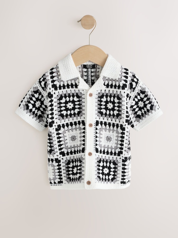 Black/White Crochet Knitted Short Sleeve Shirt (12mths-10yrs) - Image 1 of 4