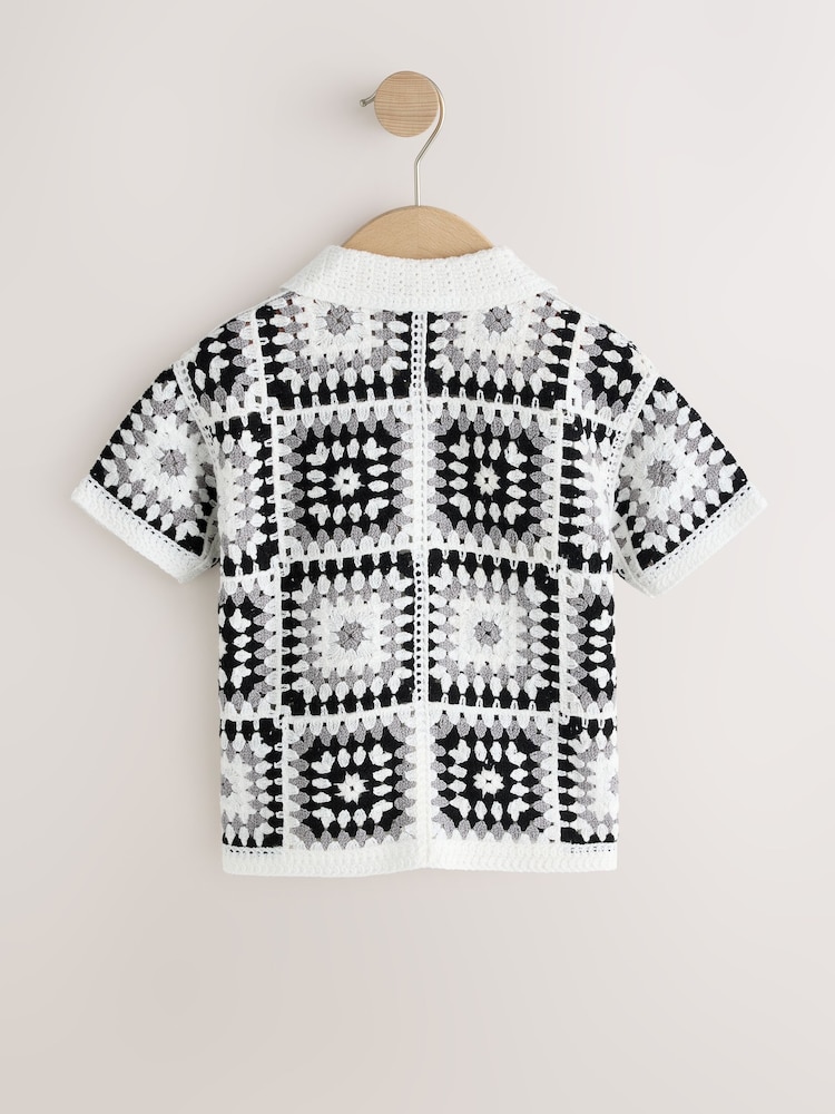 Black/White Crochet Knitted Short Sleeve Shirt (12mths-10yrs) - Image 2 of 4
