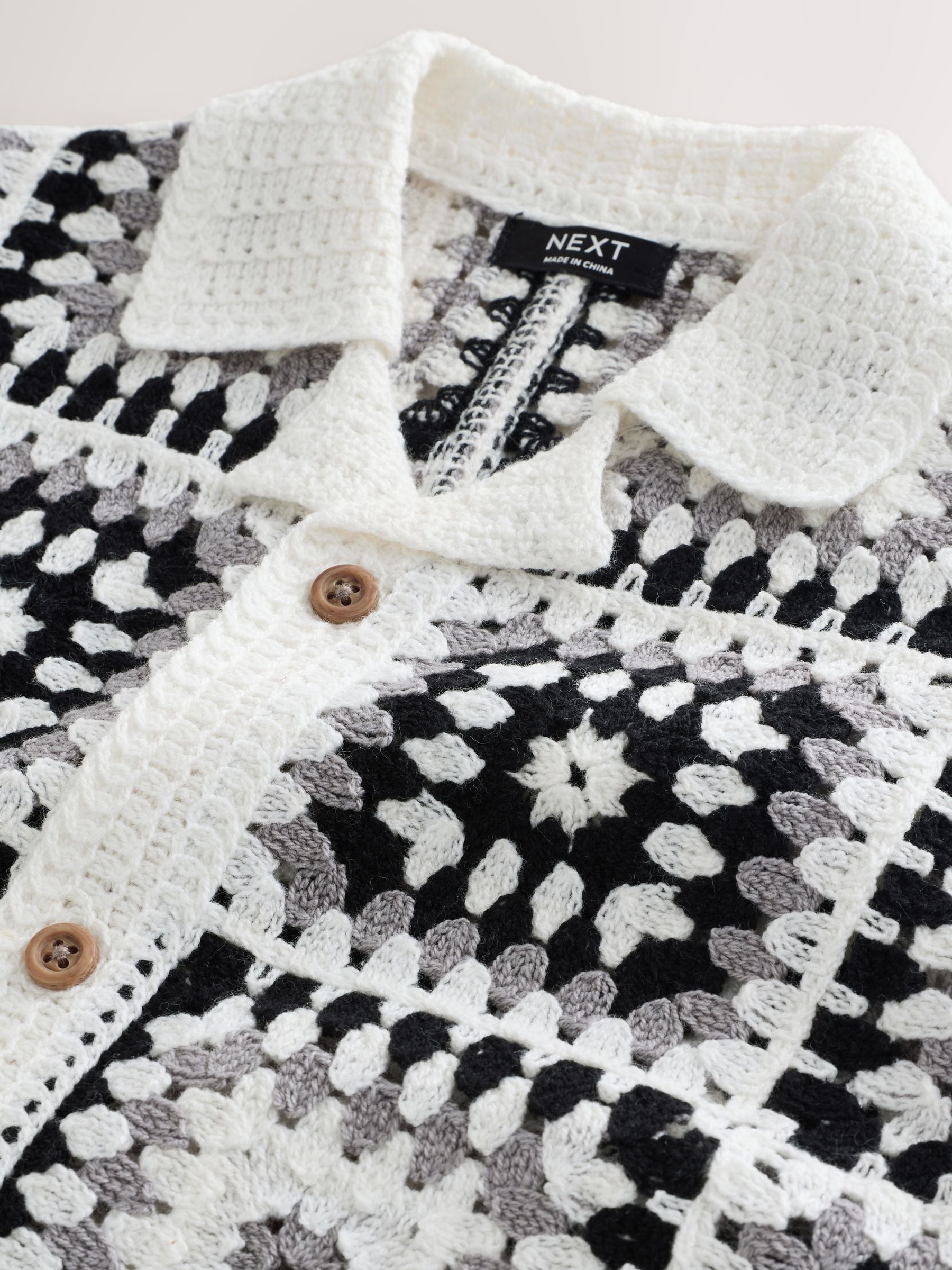 Buy Black/White Crochet Knitted Short Sleeve Shirt (12mths-10yrs