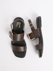 Friends Like These Chocolate Brown Standard Fit Faux Leather Buckle Two Part Flat Summer Sandals - Image 4 of 5