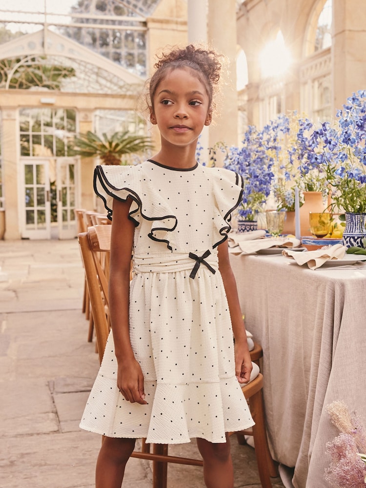 Cream Spot Ruffle Sleeve Occasion Dress (3-16yrs) - Image 1 of 4