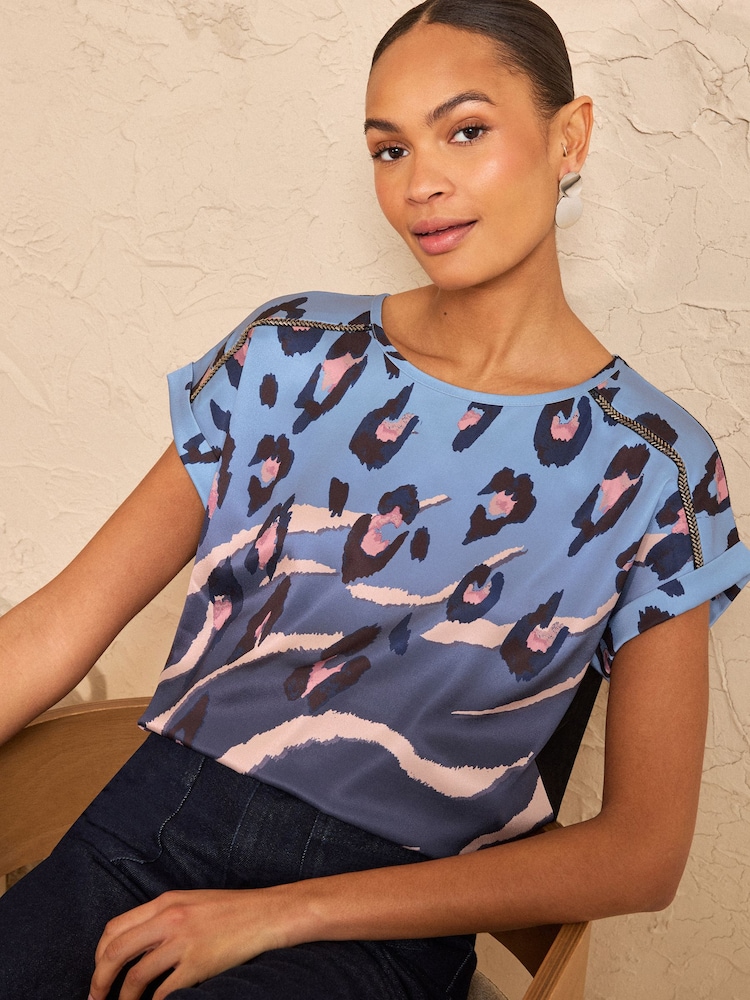 Love & Roses Blue Ombre Animal Print Satin Front Jersey Short Sleeve Top - Image 1 of 4