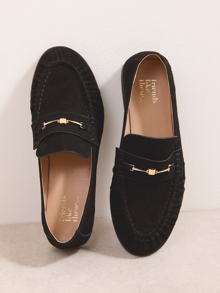 Friends Like These Black Faux Suede Snaffle Trim Flat Ruched Comfort Slip On Penny Loafers - Image 1 of 4