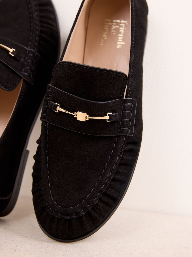 Friends Like These Black Faux Suede Snaffle Trim Flat Ruched Comfort Slip On Penny Loafers - Image 2 of 4