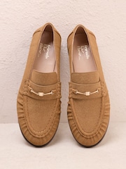 Friends Like These Camel Faux Suede Snaffle Trim Flat Ruched Comfort Slip On Penny Loafers - Image 1 of 5