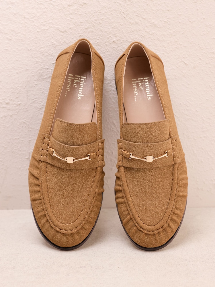 Friends Like These Camel Faux Suede Snaffle Trim Flat Ruched Comfort Slip On Penny Loafers - Image 1 of 5