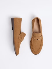 Friends Like These Camel Faux Suede Snaffle Trim Flat Ruched Comfort Slip On Penny Loafers - Image 4 of 5