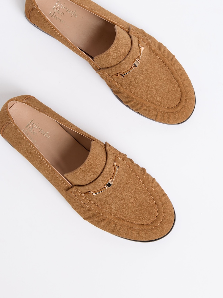 Friends Like These Camel Faux Suede Snaffle Trim Flat Ruched Comfort Slip On Penny Loafers - Image 5 of 5