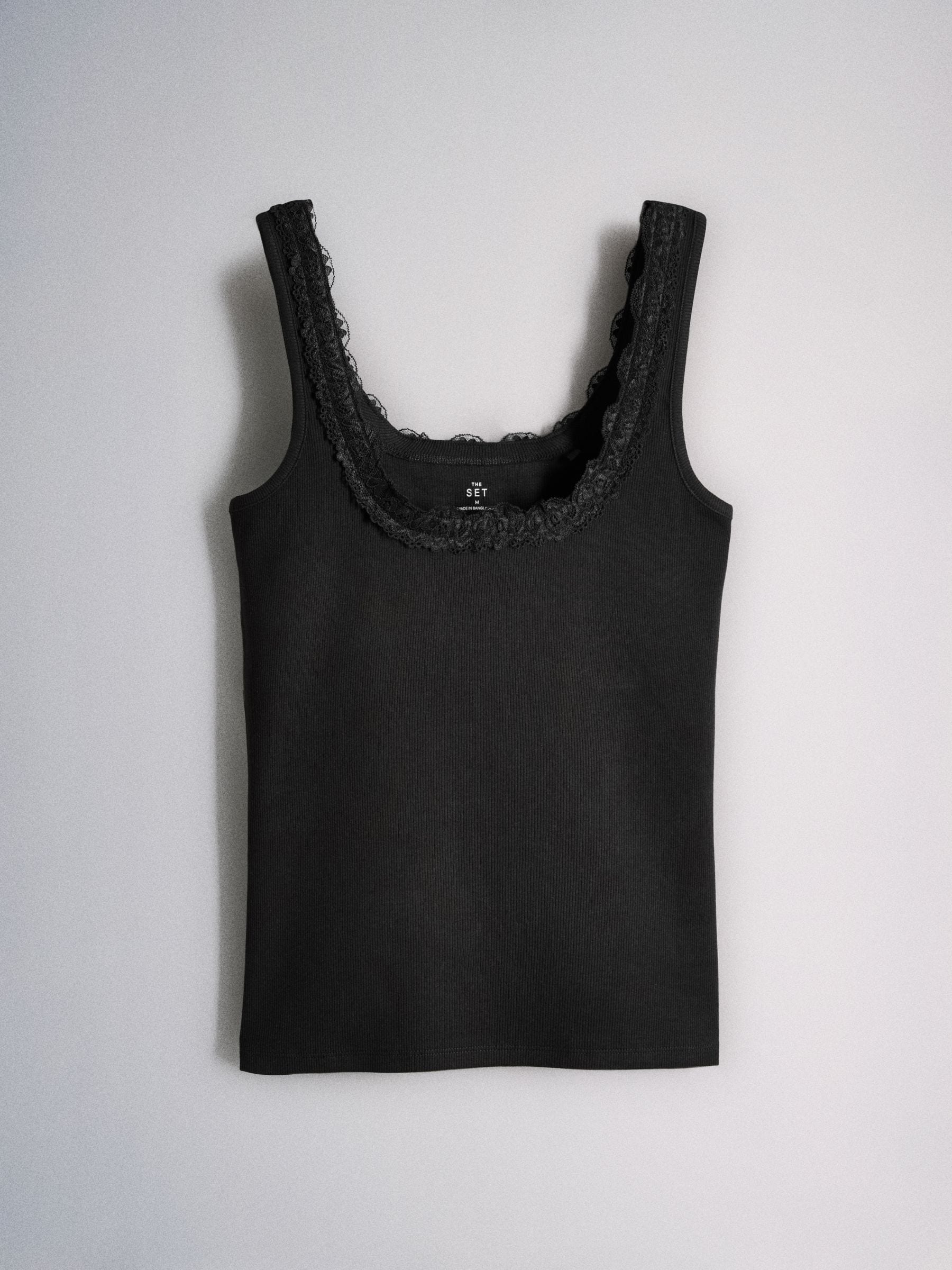Buy The Set 3 Pack Square Neck Lace Trim Ribbed Vest Black/Grey