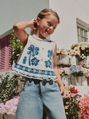 White/Blue Embroidery Embroidered Sleeveless Waistcoat (3-16yrs) - Image 2 of 8