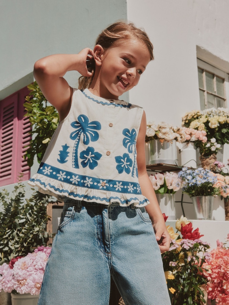 White/Blue Embroidery Embroidered Sleeveless Waistcoat (3-16yrs) - Image 2 of 8