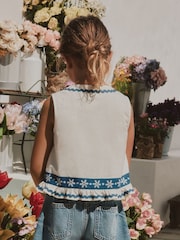 White/Blue Embroidery Embroidered Sleeveless Waistcoat (3-16yrs) - Image 3 of 8