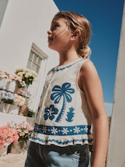 White/Blue Embroidery Embroidered Sleeveless Waistcoat (3-16yrs) - Image 4 of 8