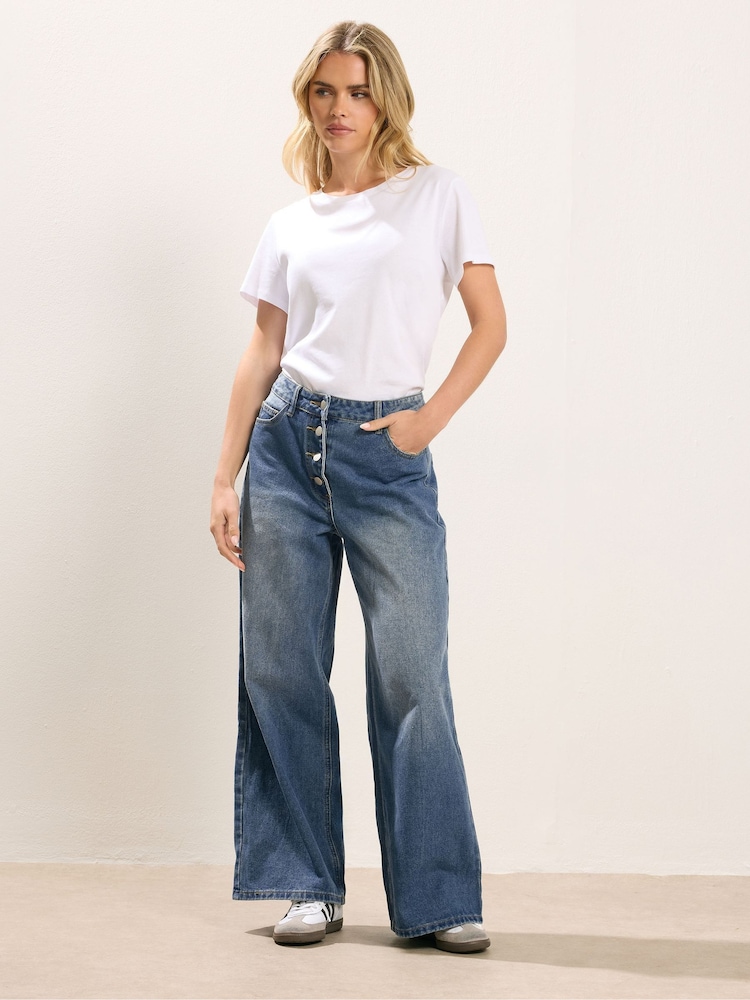 PixieGirl Petite Blue Button Front Wide Leg Jeans - Image 2 of 5