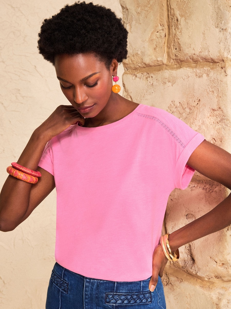 Love & Roses Pink Lace Trim Crew Neck T-Shirt - Image 2 of 4