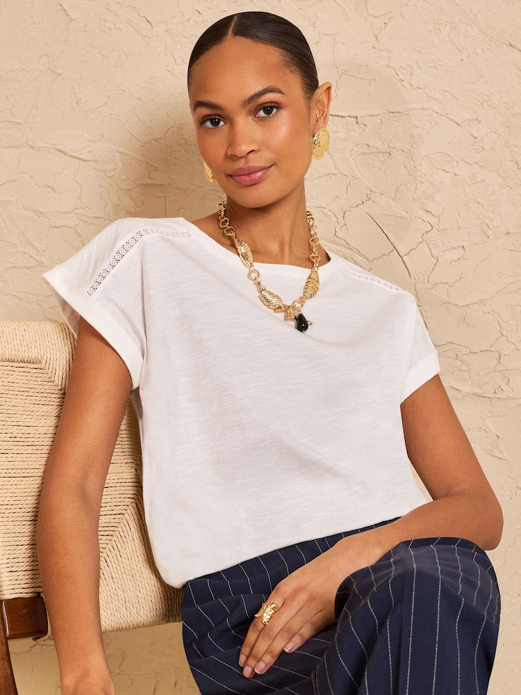 Love & Roses Ivory Lace Trim Crew Neck T-Shirt - Image 1 of 4