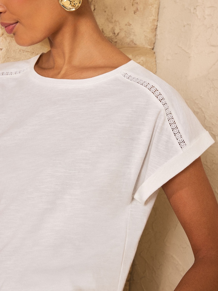 Love & Roses Ivory Lace Trim Crew Neck T-Shirt - Image 2 of 4