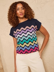 Love & Roses Navy Rainbow Petal Wave Stripe Crew Neck T-Shirt - Image 1 of 4