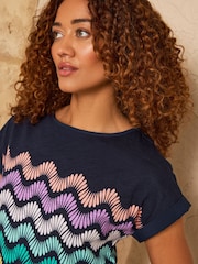 Love & Roses Navy Rainbow Petal Wave Stripe Crew Neck T-Shirt - Image 2 of 4