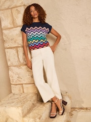 Love & Roses Navy Rainbow Petal Wave Stripe Crew Neck T-Shirt - Image 3 of 4