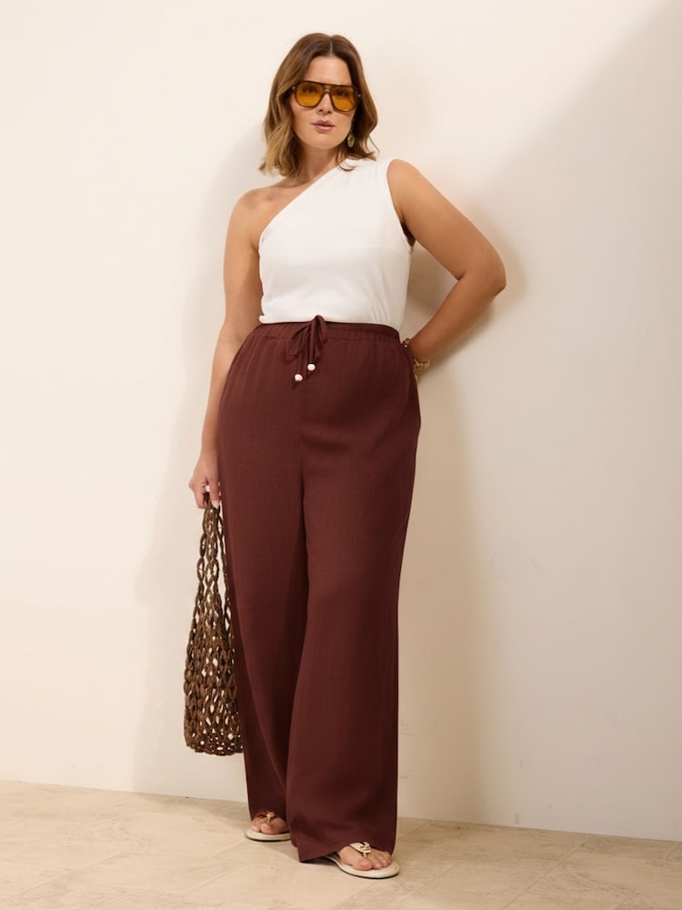 Friends Like These Brown Curve Wide Leg Tie Waist Linen Trousers - Image 1 of 4