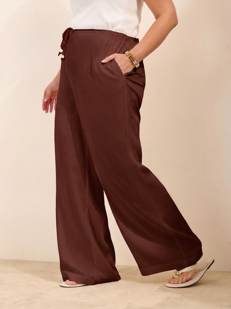 Friends Like These Brown Curve Wide Leg Tie Waist Linen Trousers - Image 2 of 4