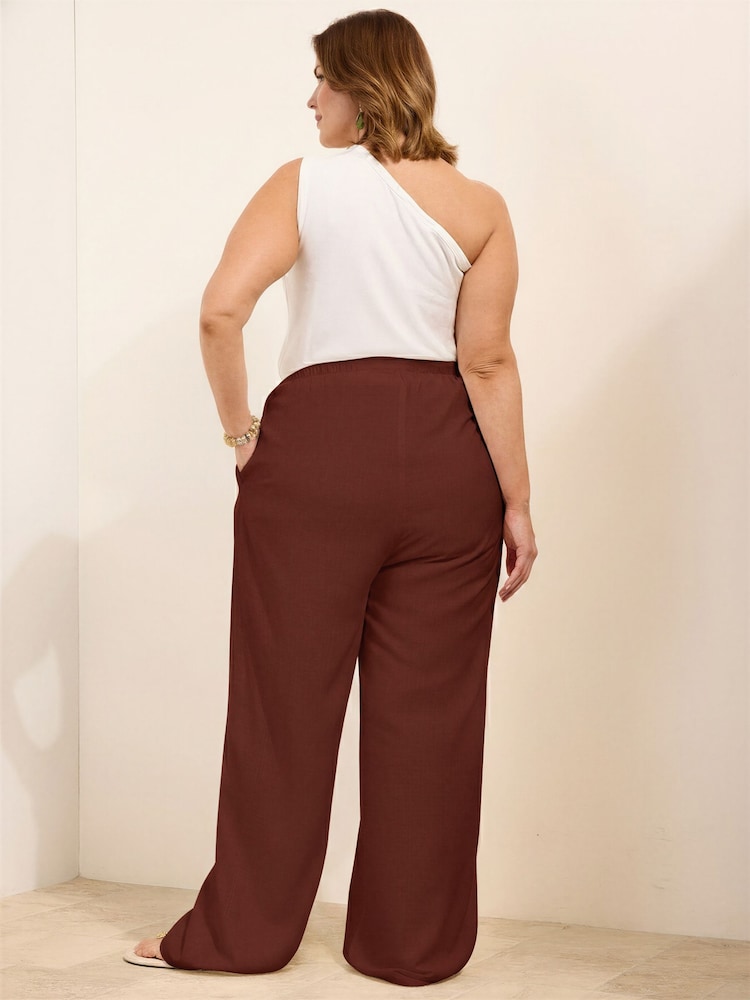 Friends Like These Brown Curve Wide Leg Tie Waist Linen Trousers - Image 4 of 4