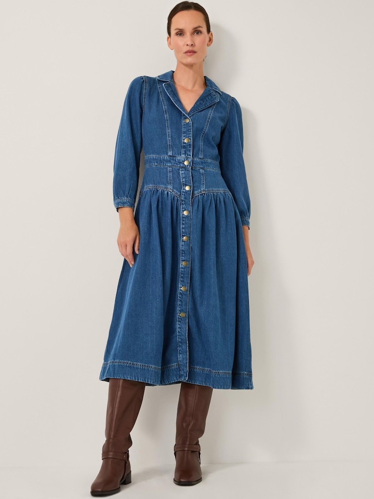 buttoned denim midi dress Women's Drop Waist Button Up Denim Midi Dress, Mid Wash