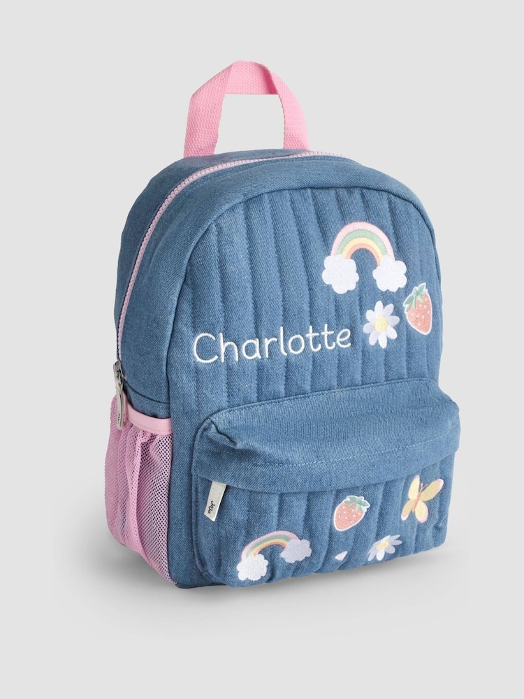 JoJo Maman Bébé Quilted Denim Embroidered Personalised Medium Backpack - Image 1 of 3 JoJo Maman Bébé Quilted Denim Embroidered Personalised Medium Backpack - Image 1 of 3
