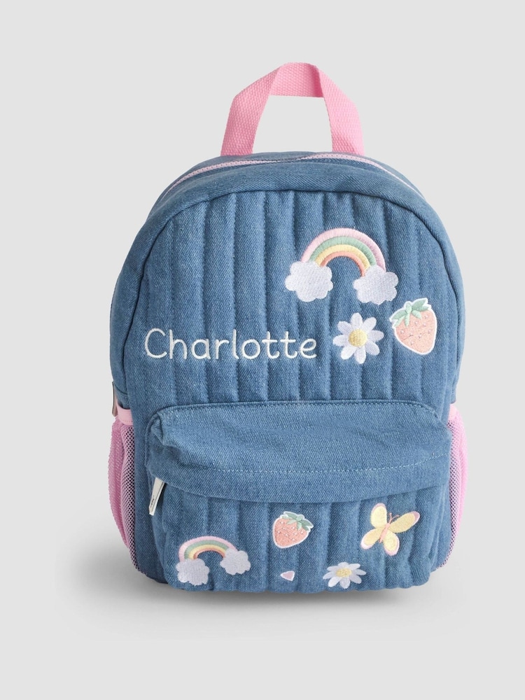 JoJo Maman Bébé Quilted Denim Embroidered Personalised Medium Backpack - Image 2 of 3 JoJo Maman Bébé Quilted Denim Embroidered Personalised Medium Backpack - Image 2 of 3