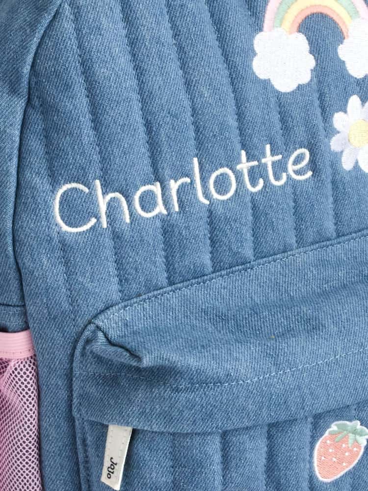 JoJo Maman Bébé Quilted Denim Embroidered Personalised Medium Backpack - Image 3 of 3 JoJo Maman Bébé Quilted Denim Embroidered Personalised Medium Backpack - Image 3 of 3