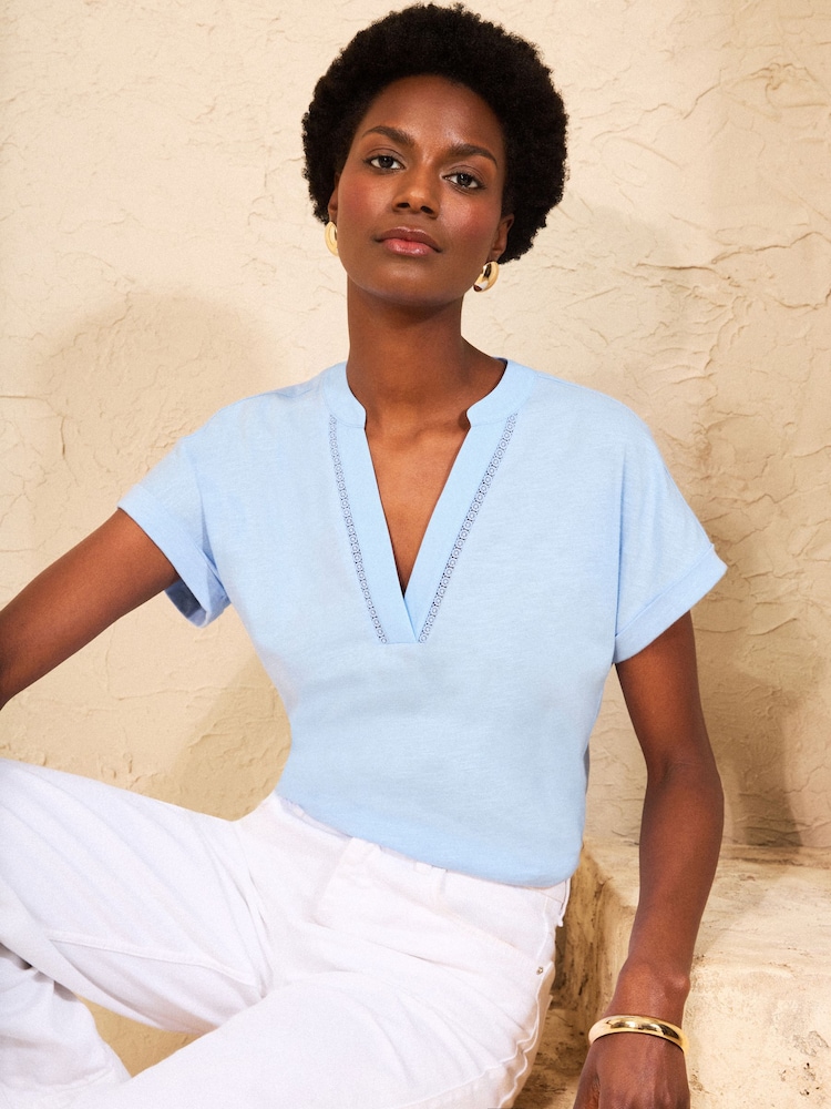 Love & Roses Light Blue Lace Trim Petite Notch Neck Jersey T-Shirt - Image 1 of 4