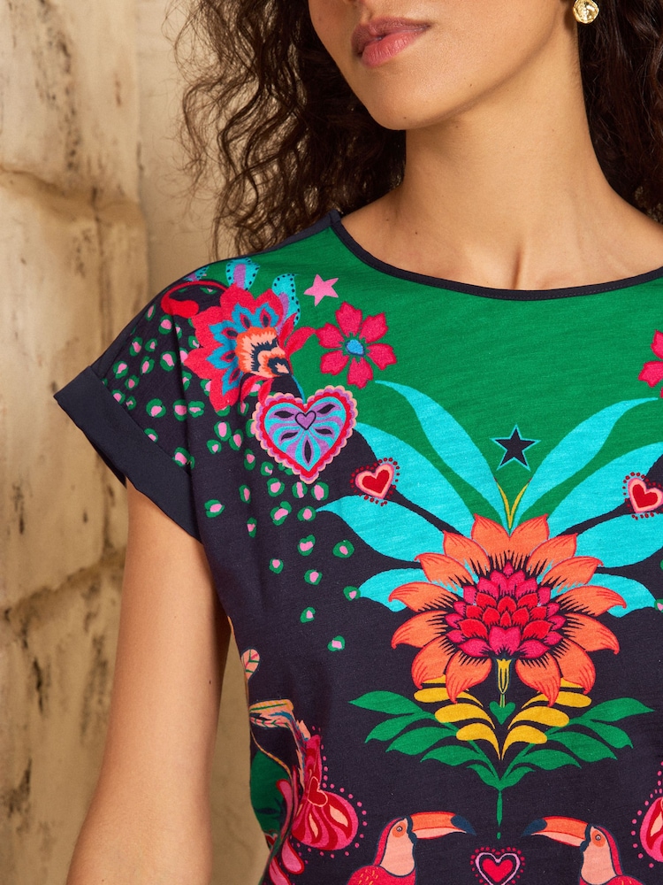 Love & Roses Navy Tropical Print Petite Crew Neck Jersey T-Shirt - Image 4 of 4
