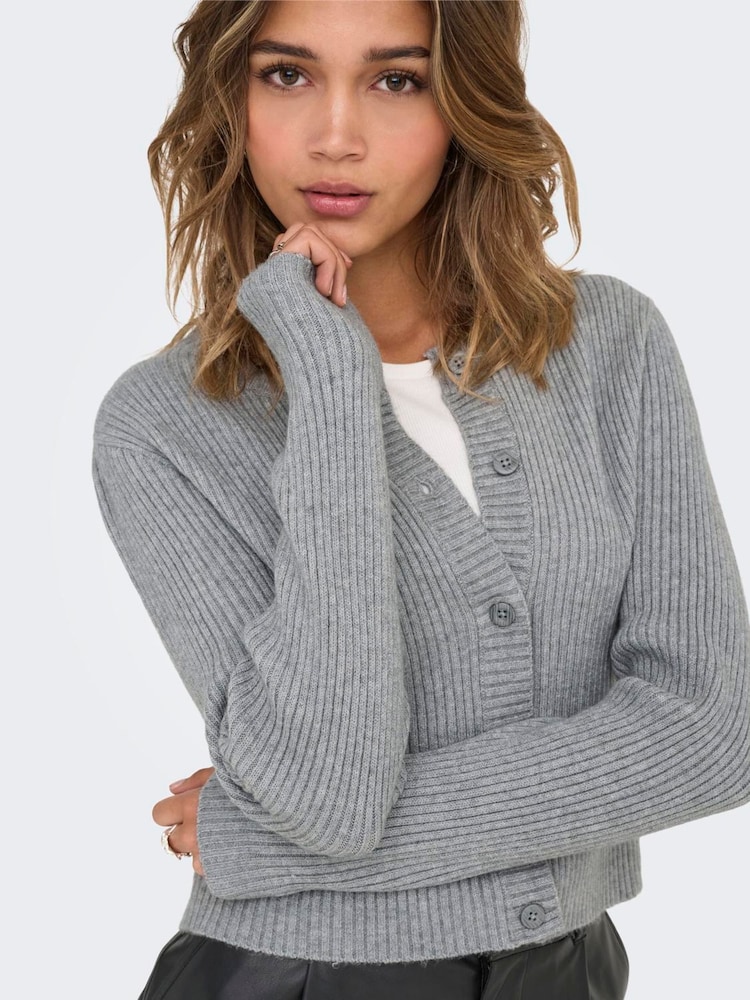 ONLY Grey Ribbed Knit Button Cardigan - Image 1 of 6