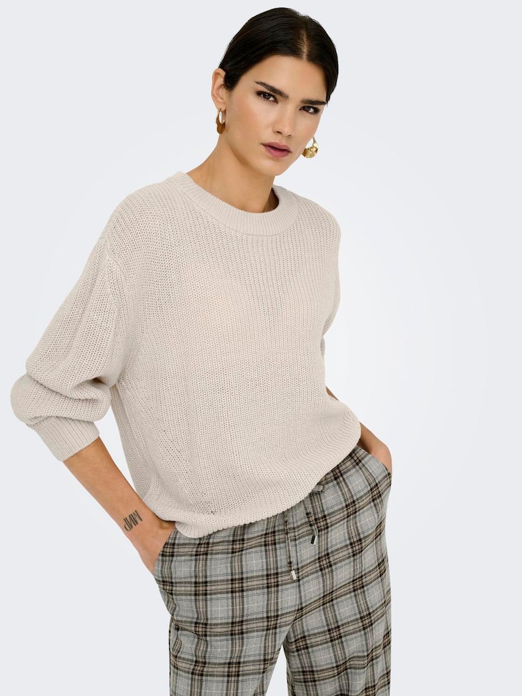 ONLY Cream Long Sleeve Crew Neck Rib Knit Jumper - Image 1 of 6 ONLY Cream Long Sleeve Crew Neck Rib Knit Jumper - Image 1 of 6