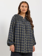 Yours Curve Green Shirred Panel Check Blouse - Image 1 of 5