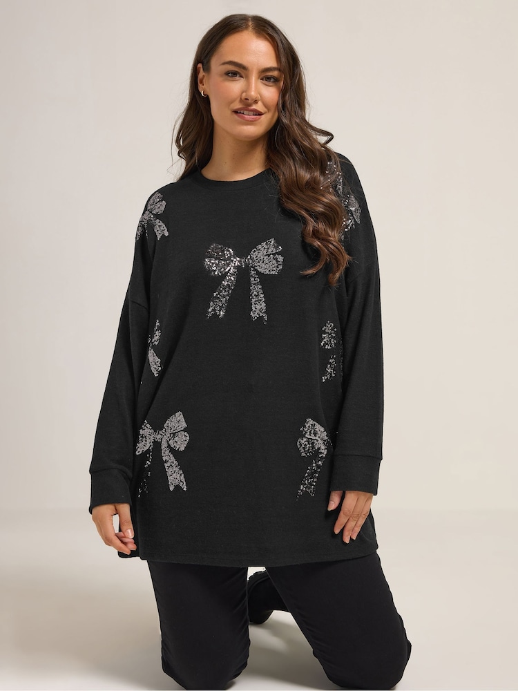 Yours Curve Black Bow Sequin Jumper - Image 1 of 5