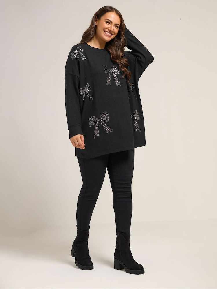 Yours Curve Black Bow Sequin Jumper - Image 2 of 5