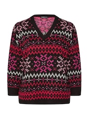 Yours Curve Black Bright Fairisle V-Neck Jumper - Image 3 of 6